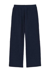 Navy blue, textured wide-leg pants with an elastic waistband. The fabric features a subtle crinkled pattern for added dimension.
