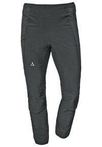 Schwarze isolierte Outdoor-Hosen mit schlanker Passform, ausgestattet mit Reißverschlusstaschen und einem glatten, strukturierten Stoff. Dezente Logo-Accents.