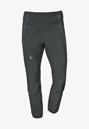 Black insulated outdoor pants with a slim fit, featuring zippered pockets and a smooth, textured fabric. Subtle logo accents.