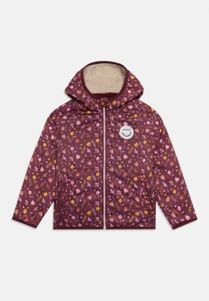 Veste à capuche bordeaux pour enfants avec motif floral rose et jaune, fermeture éclair à l'avant et doublure douce en polaire beige à l'intérieur de la capuche.