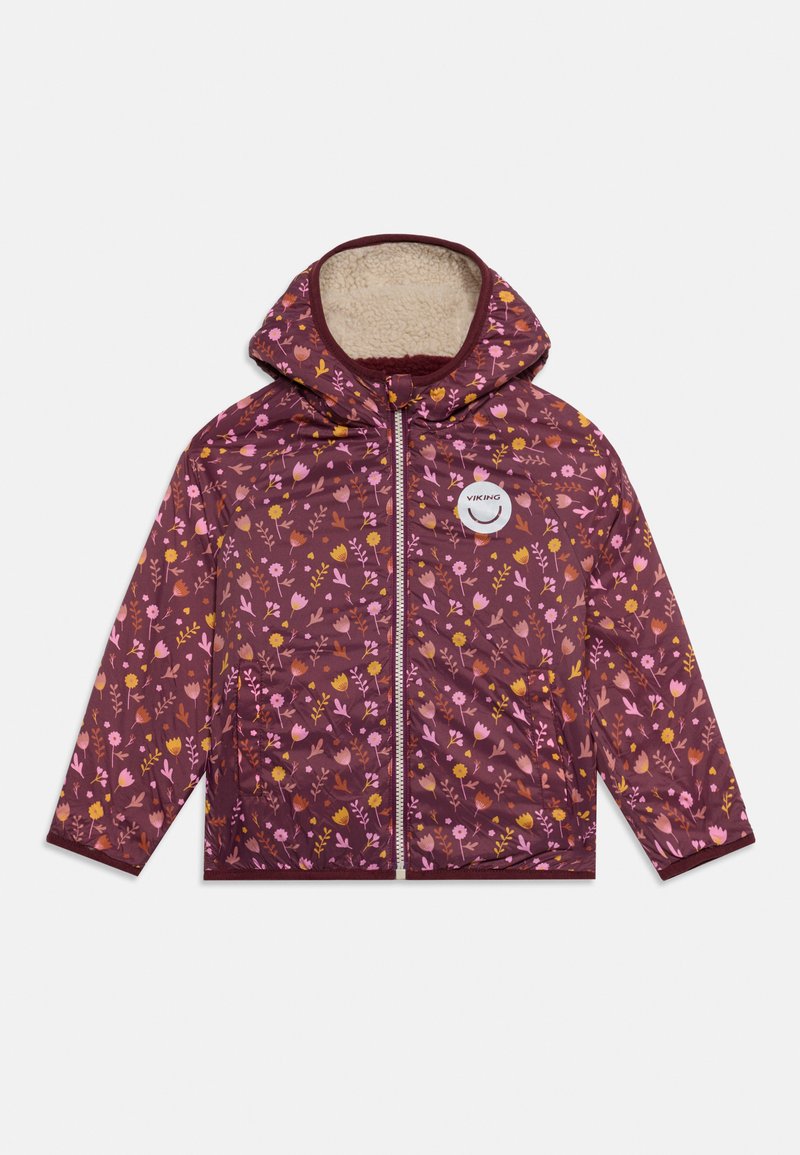 Veste à capuche bordeaux pour enfants avec motif floral rose et jaune, fermeture éclair à l'avant et doublure douce en polaire beige à l'intérieur de la capuche.