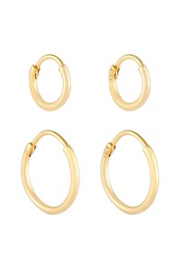 Pendientes de aro en tono dorado, disponibles en tamaños pequeño y grande. Superficie lisa, forma redonda, cierre seguro, marcados con "925". Diseño sencillo y elegante.