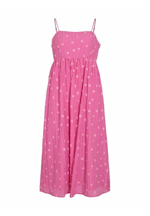 Pink sleeveless maxi dress with thin straps, textured fabric, and a scattered pattern of small light pink flowers.