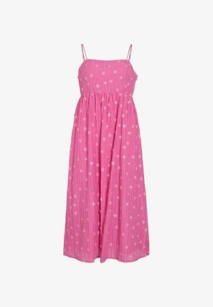 Rochie maxi roz fără mâneci, cu bretele subțiri, material texturat și model dispersat cu flori mici roz deschis.