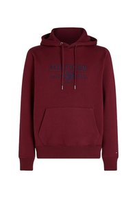 Sudadera de algodón burdeos con un bolsillo canguro frontal, puños y dobladillo acanalados, y un gráfico de logo en azul marino en el pecho.