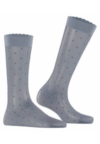 Durchsichtige, graue Kniestrümpfe mit gewelltem Bund und kleinen blauen Punkten. Hergestellt aus leichtem Material und mit glatter Textur.