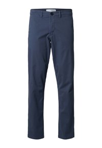 Marineblauwe broek van katoen. Voorzien van een knoopsluiting, riemlussen en zijzakken. Slim fit pasvorm met een gladde, strakke afwerking.