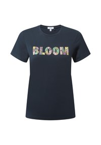 Navy blue short-sleeve T-shirt with "BLOOM" text in pastel floral pattern across the chest.