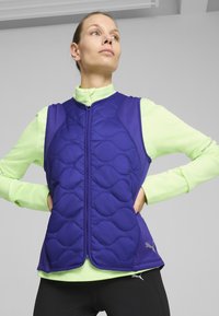 Violet paklotas liemenė su užtrauktuku, turinti siuvinėtą raštą. Užsidėta ant šviesiai žalios ilgos rankovės marškinėlių. Apačioje matomi juodi džinsai.