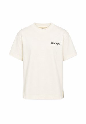 Wit T-shirt met korte mouwen en ronde hals met klein zwart tekstlogo "Palm Angels" op de linkerborst.