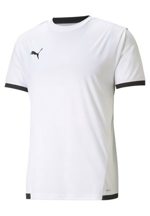 Weißes Sportshirt mit kurzen Ärmeln, schwarzem Kragen und Ärmelbündchen, mit kleinem schwarzem Puma-Logo auf der Brust.