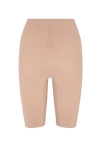 Beżowe, wysokiej talii, sięgające do kolan spodenki uciskowe o gładkim, bezszwowym kroju i elastycznym materiale, zapewniające modelowanie sylwetki i wsparcie.