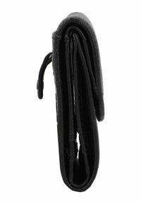 Black leather wallet, bi-fold design. Smooth texture, stitched edges, with a snap closure and visible card slots in the interior.