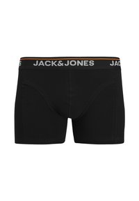 Črne boksarice z sivim pasom, na katerem je logotip "JACK & JONES" in oranžen poudarek. Iz mehke, raztegljive tkanine.