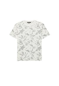 Valkoinen lyhythihainen T-paita, jossa on musta kukkakuosi, pyöreä kaula-aukko ja teksturoitu kangas. Rentomallinen, ilman näkyviä varusteita tai yksityiskohtia.