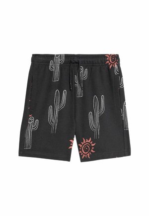 Czarne szorty z białymi wzorami kaktusów i pomarańczowymi spiralami słońca, z elastyczną talią i przednim sznurkiem.