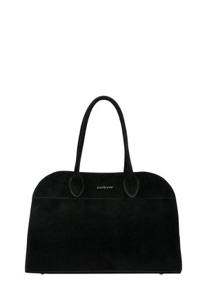 Borsa in suede nero con due manici arrotondati, caratterizzata da un logo stampato sul davanti e una texture liscia.