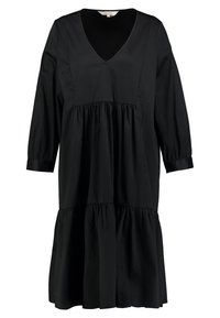 Schwarzes Kleid aus Baumwollmischung mit V-Ausschnitt, dreiviertellangen Ärmeln, tailliertem Oberteil und gerafftem, gestuftem Rock. Glatte Textur.