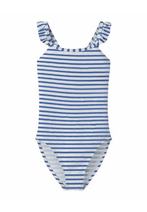 Maillot de bain une pièce pour enfant à rayures horizontales bleues et blanches avec bretelles à volants.