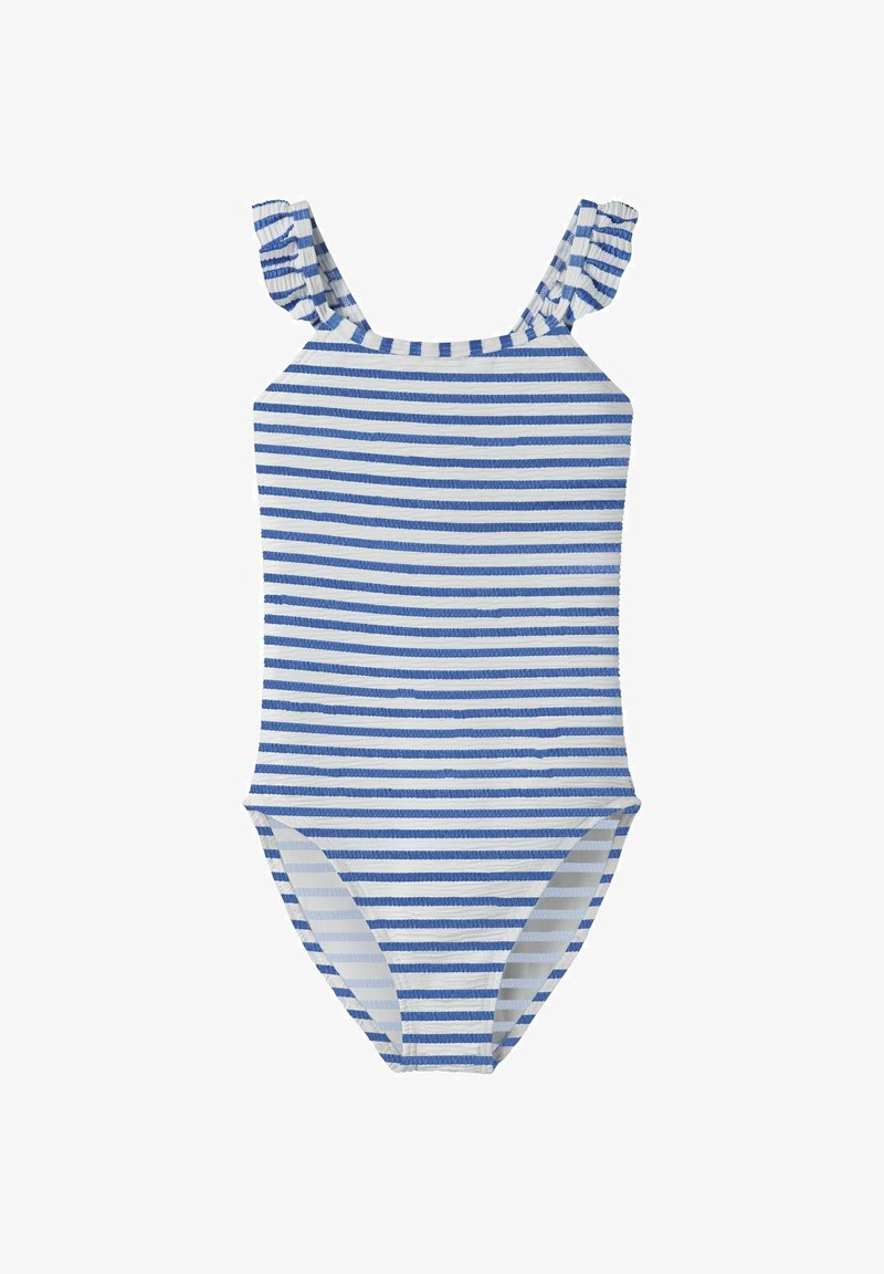 Maillot de bain une pièce pour enfant à rayures horizontales bleues et blanches avec bretelles à volants.