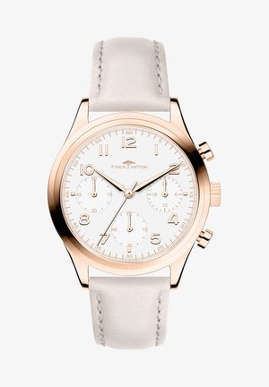 Roségoldenes Chronograph-Uhr mit einem weißen Zifferblatt, drei Unterzifferblättern und einem hellgrauen Wildlederarmband mit Nahtdetails.