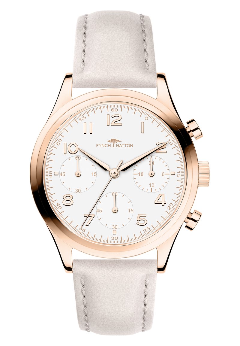 Roze goud chronograaf horloge met een witte wijzerplaat, drie subwijzerplaten en een lichtgrijs suede banden met stikseldetails.