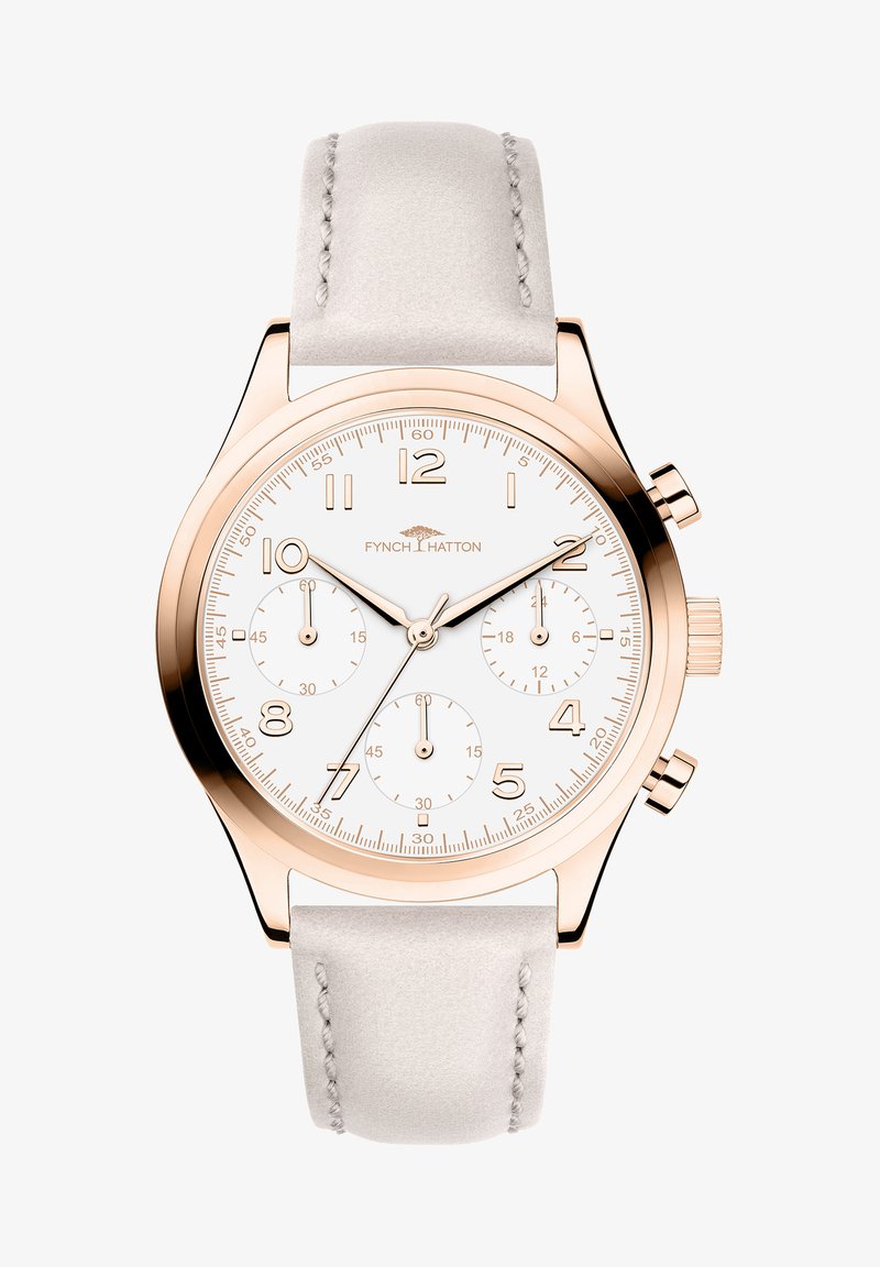 Montre chronographe en or rose avec un cadran blanc, trois sous-cadrans et un bracelet en daim gris clair avec des détails de couture.