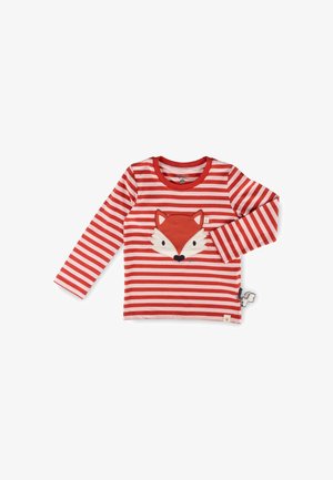 Maglietta a maniche lunghe a righe rosse e bianche per bambino, con disegno di volto di volpe davanti e piccola etichetta con coda di volpe sul lato.