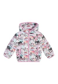 Padded jacket in white with a pink hood, featuring colorful graphic prints, including hearts and phrases, with pink zipper and accents.