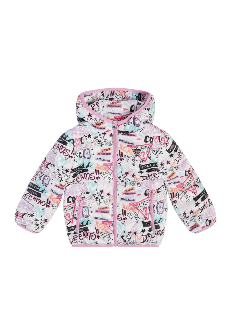 Padded jacket in white with a pink hood, featuring colorful graphic prints, including hearts and phrases, with pink zipper and accents.