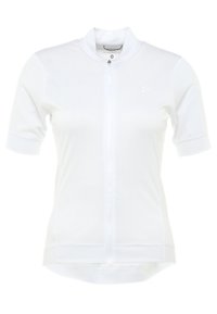 Jersey de ciclismo blanco de manga corta con un cuello alto, cremallera frontal y un logotipo sutil; hecho de una tela elástica y suave para mayor comodidad.