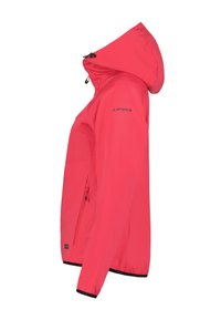 Rosa wasserdichte Jacke mit Kapuze, Reißverschlussfronttasche und schwarzem Rand. Verfügt über ein schlankes, aerodynamisches Design und eine glatte Textur.