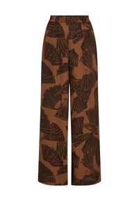 Hnedé nohavice s širokými nohavicami, zdobené čiernym listovým vzorom, s elastickým pásom a hladkou textúrou pre pohodlie a ľahké nosenie.