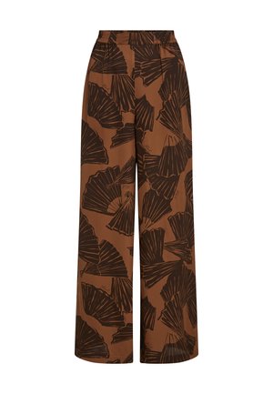 Brūnas platās bikses ar melnu lapu rakstu, elastīgu vidukļa līniju un gludu tekstūru komfortam un vieglai valkāšanai.