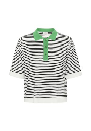 Polo à manches courtes avec rayures horizontales noires et blanches, col vert et patte de boutonnage verte.