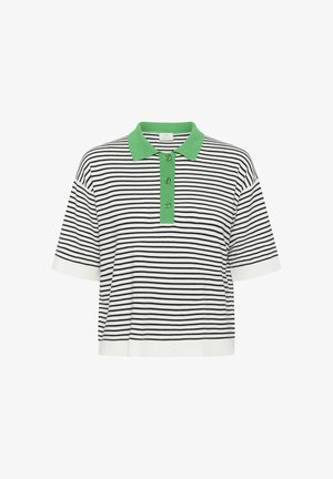 Polo à manches courtes avec rayures horizontales noires et blanches, col vert et patte de boutonnage verte.
