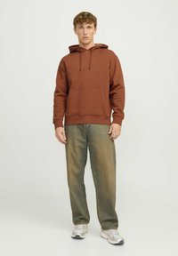 Brown hoodie with a kangaroo pocket, drawstring hood, and ribbed cuffs, paired with faded green baggy jeans and light gray shoes.