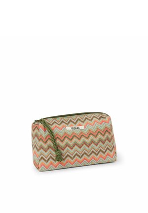 Rechthoekige stoffen etui met meerkleurig zigzagpatroon, groene rits en gevlochten groene trekkoord, gebrandmerkt met het label "TEZENIS".