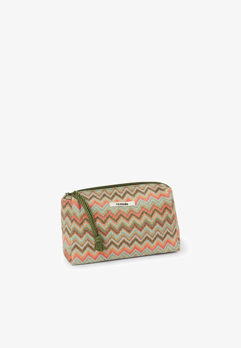 Pochette rectangulaire en tissu avec un motif zigzag multicolore, fermeture éclair verte et tirette tressée verte, marquée du label "TEZENIS".