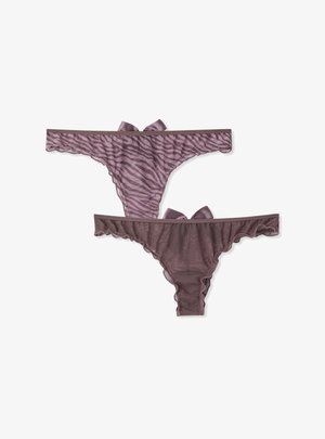 Mutandine di pizzo viola con motivo a strisce zebrate, bordi smerlati e fiocchi di raso. Due paia mostrati, uno con colore solido.
