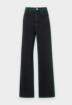 Jeans pretos de perna larga com detalhes em verde, feitos de denim, apresentando uma cintura alta, bolsos frontais e fecho com botão de metal.