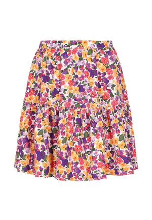 Kvetinová sukňa s viacfarebným vzorom v odtieňoch fialovej, ružovej, žltej a zelenej. Elastický pás s volánovými vrstvami.
