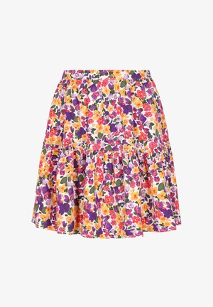 Květinová sukně s mnohobarevným vzorem v odstínech fialové, růžové, žluté a zelené. Elastický pas s volánkovými vrstvami.