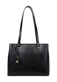 Zwarte leren tote bag met twee lange handvatten, een rechthoekige vorm, zichtbare stiksels, twee hardware ringen in goudkleur en een klein label.
