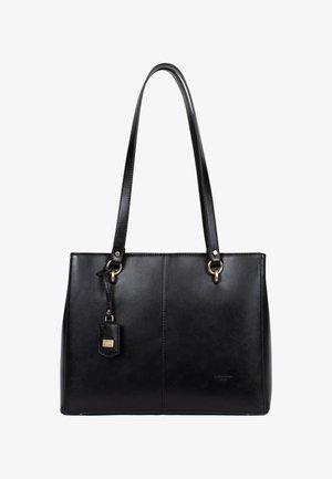 Borsa tote in pelle nera con due manici lunghi, forma rettangolare, cuciture visibili, due anelli in metallo dorato e un piccolo cartellino.