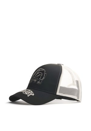 Schwarz-weißes Trucker-Cap mit Mesh-Rückseite, mit einem gestickten Panther-Design auf dem Frontpanel und Text auf dem gebogenen Schirm.