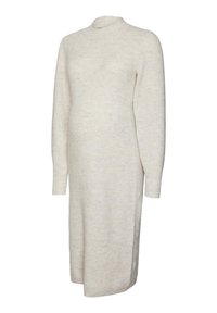 Abito premaman a maniche lunghe in beige chiaro, realizzato in morbido tessuto a maglia con una texture a coste. Collo alto e dettaglio con spacco laterale.