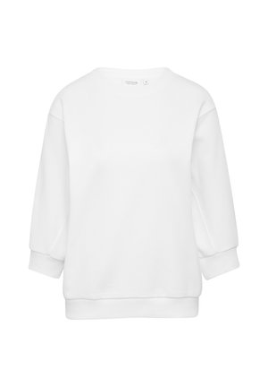 Weißer Baumwoll-Sweatshirt, lockere Passform, runder Ausschnitt, Dreiviertelärmel, gerippte Bündchen und Saum, glatte Textur, minimalistisches Design.