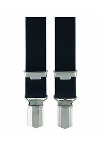 Navy blue elastic suspenders with silver metal clips. Textured fabric with smooth finish, featuring adjustable metal hardware.