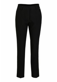 Zwarte nauwsluitende broek, rechte pijen, lichtgewicht stof, gladde textuur, met riemlussen en een subtiele gouden accenten op de tailleband.